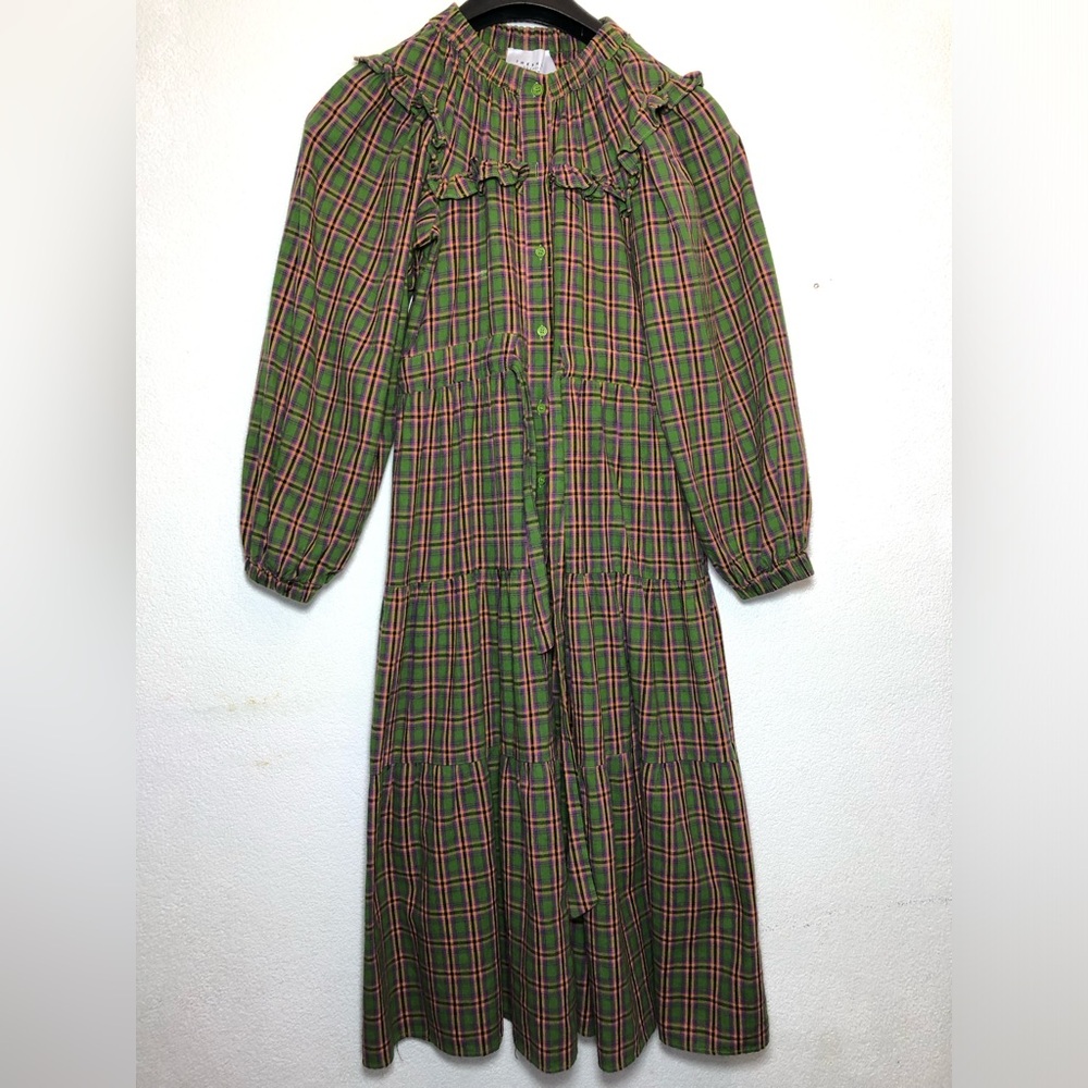 The Shirt by Rochelle Behrens Green Plaid Midi Dress